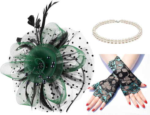 Cizoe Women's Fascinators Hat Kentucky Derby Hats Wedding Cocktail Tea Party Headwear and Gloves(Green and Black)...