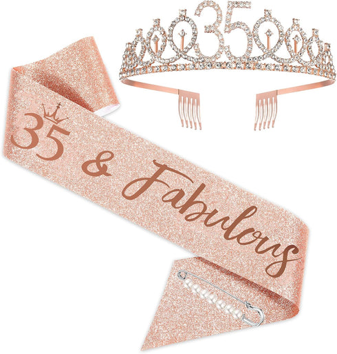 35th Birthday Sash and Tiara for Women, Rose Gold Birthday Sash Crown 35 & Fabulous Sash and Tiara for Women, 35th Birthday Gifts for Happy 35th B...