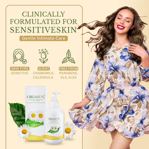 Organyc Feminine Intimate Wash for Sensitive Skin with Chamomile, Free from Chlorine, Parabens, SLS/SLES, and Synthetic Perfumes 8.5 Fluid Ounce...