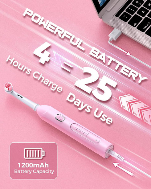 Rotating Electric Toothbrush with Travel Case for Adults Pink, 8 Brush Heads (2 Types) 4 Modes Deep Clean Electric Toothbrush with 25-Days Recharg...