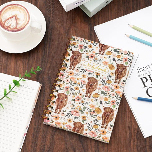 Highland Cow Floral Spiral Journal Notebook 80 Sheets A5 Watercolor Flower Cow College Ruled Notebook Strong Twin-Wire Binding with Premium for Sc...