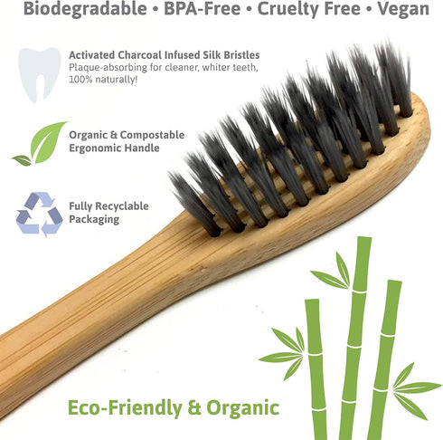 BPA-FREE, Biodegradable, Organic Bamboo Toothbrush - Charcoal Infused Naturally Whitening Bristles, Pressed Glue-Free Bristles, Environmentally Fr...