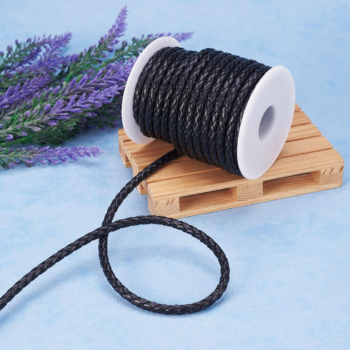 Beadthoven 10 Yards 5-6mm Black Round Folded Bolo Braided Imitation Leather Beading Cord Rope Necklace Chain PU Leather for DIY Handmade Necklace ...
