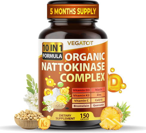 VEGATOT Organic Nattokinase Complex 7,500mg - 10IN1 Formula Vitamin D3, Niacin, Vitamin K2, Zinc, CoQ10, Quercetin - Made in The USA (150 count (p...