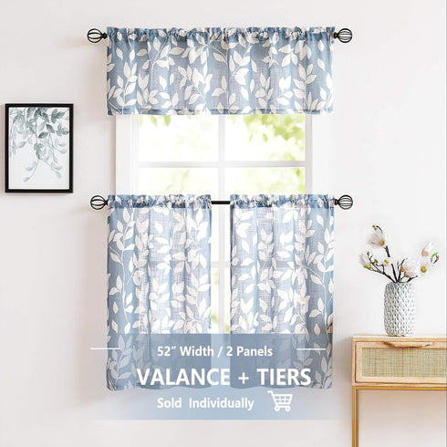 Treatmentex Blue Kitchen Tier Curtains 24" Short White Leaf Print Café Curtains for Small Windows 2 Panels...