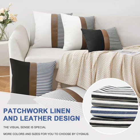 cygnus 20x20 Pillow Covers Set of 2 Farmhouse Decor Stripe Patchwork Linen Throw Pillow Covers Modern Faux Leather Covers for Couch Sofa,Black...