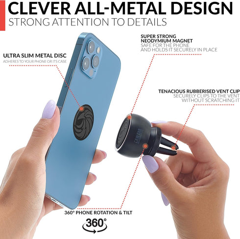 New 2025 Magnetic Air Vent Phone Mount for Car - for Any Smartphone (iPhone, Android Cell Phone, GPS) | Stylish All-Metal One-Hand & One-Sec Phone...