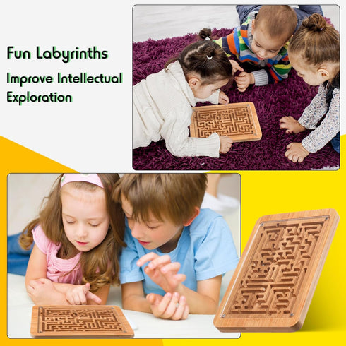 2 Pack Wooden Labyrinth Game Marble Maze with Steel Marble, Brain Puzzle Logic Toy Rectangular Challenging Labyrinth Board Game for Education and ...
