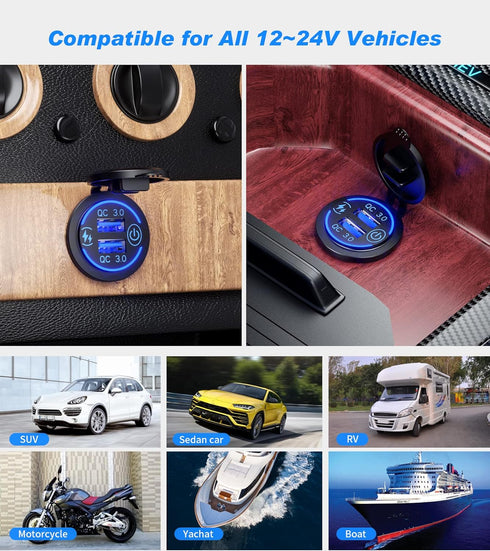 2Pack Quick Charge 3.0 Dual USB Charger Socket, Waterproof 36W USB Outlet Fast Charge with Touch Switch & Blue LED DIY Kit for 12V/24V Car Boat Ma...