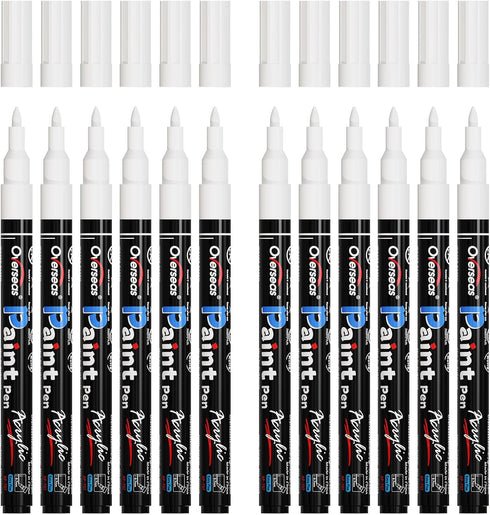 Overseas Paint Pens Paint Markers - White Permanent Markers Acrylic Paint Pens 12 Pack, Water Based, Waterproof 0.7mm Extra Fine Marker Pen for Wo...
