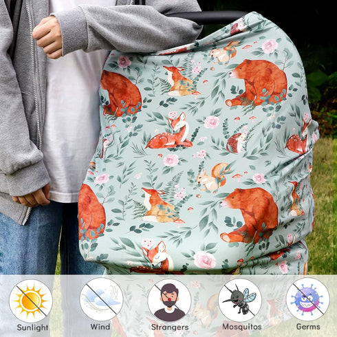 Baby Car Seat Cover, Multi-use Nursing Cover for Breastfeeding, Stretchy Stroller Cover Boys Girls, Stretchy Carseat Canopy, Soft Breathable, Wood...