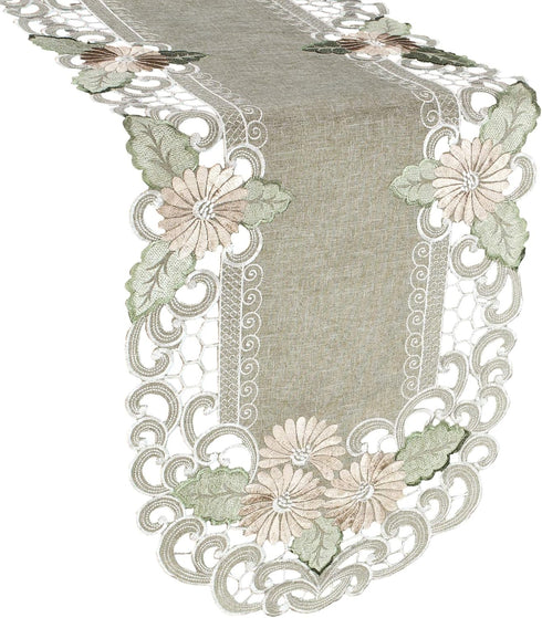 Embroidered Gold Daisy Fleur Latte Linen Table Runner or Dresser Scarf (16Wx45L)...