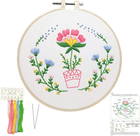 Embroidery Starter Kit with Floral Pattern. Cross Stitch Needlepoint DIY Art Project Craft Kit, Includes Instructions,Colorful Embroidery Floss, P...