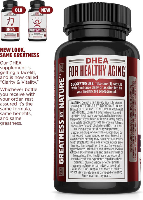 Zhou Clarity and Vitality (formerly DHEA) 50 mg, Hormonal Balance Formula for Women & Men, Healthy Aging, Non-GMO, Vegan, Gluten Free, 60 Capsules...