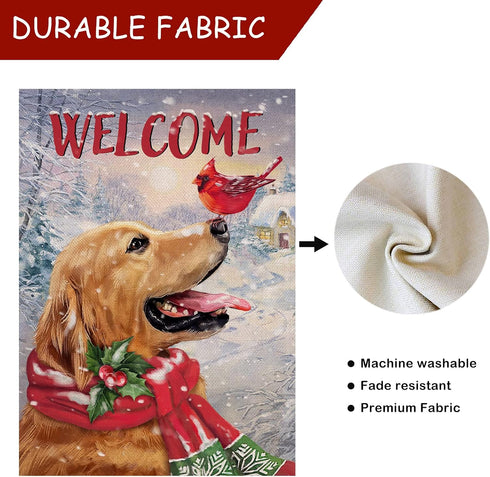 Welcome Winter Golden Retriever Dog Decorative Burlap Garden Flag, Puppy Cardinal Pet Home Yard Small Outdoor Decor, Christmas Snowy Outside Decor...