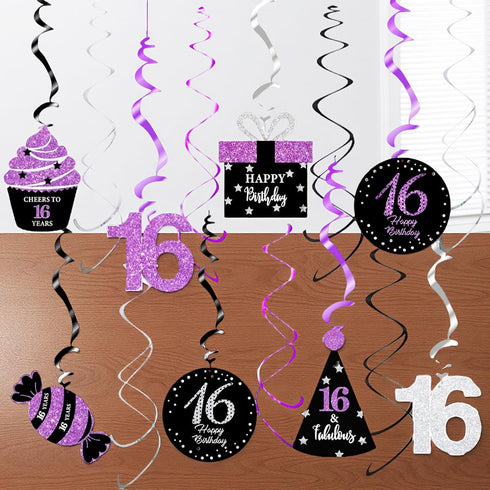 Sweet 16 Birthday Decorations Purple Silver Black for Women/Girl 16th Birthday Party Decorations Purple Silver Black Foil Hanging Swirls Decoratio...
