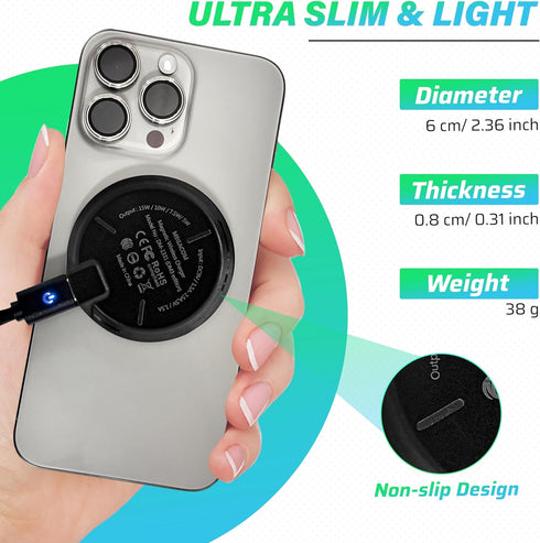 MEGACOM Magnetic Wireless Charger, 15W Fast Charging Pad, Compatible with iPhone 15/15 Plus/15 Pro Max/14, Samsung Galaxy S22/S21/S20, with USB-C ...