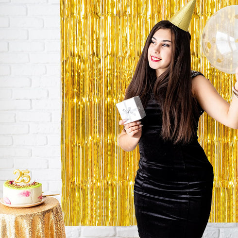 CHRORINE 2pcs 3ft x 8.3ft Gold Tinsel Foil Fringe Curtains Streamers Backdrop for Birthday Graduation Wedding Engagement Bridal Shower Bachelorett...