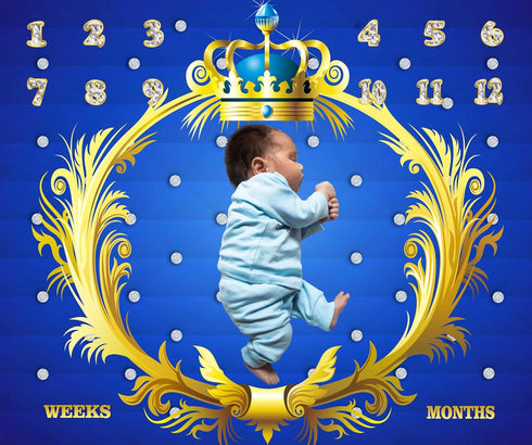 Royal Blue Gold Theme Baby Monthly Milestone Blanket Royal Blue Crown Prince or Princess Newborn Photo Background Mom Gift Baby Party Decor New Ba...