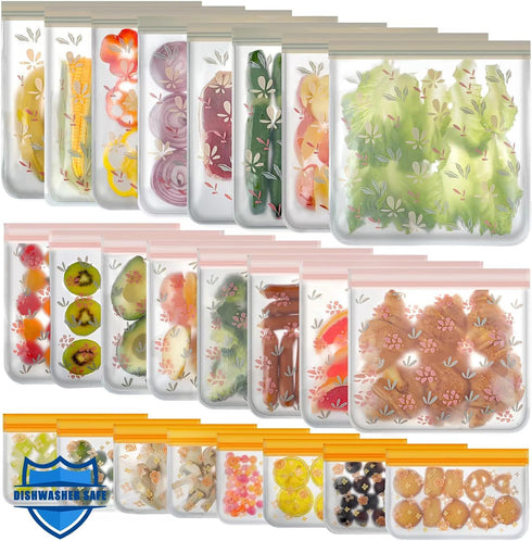 24 Pack Dishwasher Safe Reusable Bags Silicone, Leakproof Reusable Freezer Bags for Food Storage, Home Organization, Travel & Make-up, BPA-Free fo...