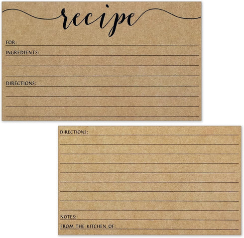Recipe Cards - Size 3x5 - Small Kraft Brown Lined Kitchen Note Card for Recipe Box - Set of 50...