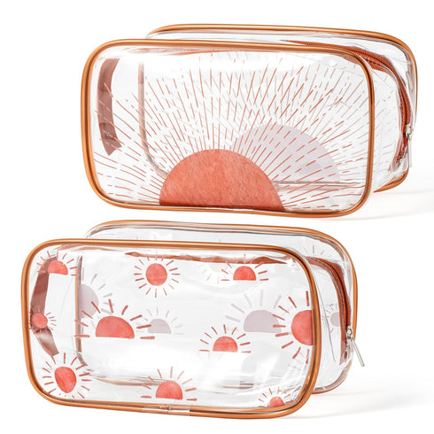 Y1tvei Boho Sun Makeup Bag - 2Pcs Brown Boho Sunshine Ray Transparent Print Clear Cosmetic Toiletry Bag Small Plastic Waterproof Portable Carry Po...