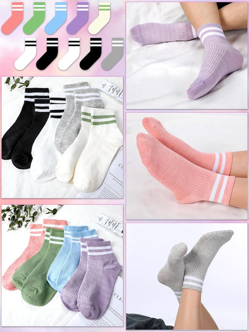 10 Pairs Womens Striped Mini Crew Socks Two Stripes Sports Shoes Socks Soft Breathable Athletic Socks for Girls Women Daily Wear...