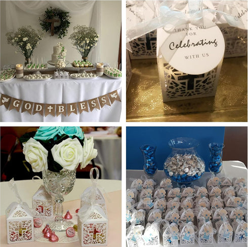 VIVIQUEN Baptism Favor Boxes, Laser Cut Cross Favor Boxes with 50 Ribbons for Baby Shower, Christening, Bomboniere Wedding Party Decorations (Pure...