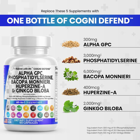 Clean Nutraceuticals Alpha GPC Choline 300mg Phosphatidylserine 3000mg Bacopa Monnieri 6000mg Ginkgo Biloba 2000mg Huperzine A 400mcg Supplement w...
