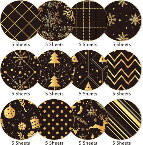 Whaline 60 Sheet Christmas Pattern Paper A5 Size 12 Designs Snowflake Reindeer Christmas Tree Glossy Pattern Paper Black Gold Decorative Craft Pap...