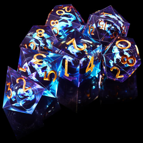 AUSTOR 7 Die DND Dice Set 7 Pieces Blue Flame Dragon Resin Dice Role Playing D and D Dice D20 D12 D10 D8 D6 D4 Sharp Edge Dungeons and Dragons Dic...
