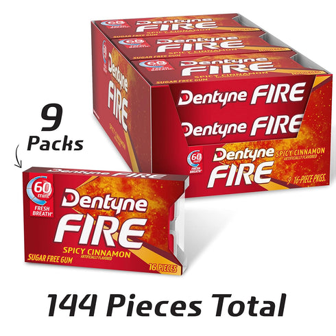 Dentyne Fire Spicy Cinnamon Sugar-Free Chewing Gum, Pack of 9 (144 Total Pieces)...