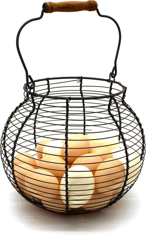 CVHOMEDECO. Antique Wire Egg Basket with Wood Handle Primitives Vintage Gathering Basket. Rusty...