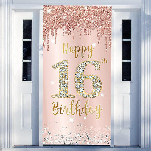 16th Birthday Door Banner Decorations for Girls, Pink Rose Gold Sweet 16 Birthday Door Cover Backdrop Party Supplies, Large Happy Sixteen Year Old...