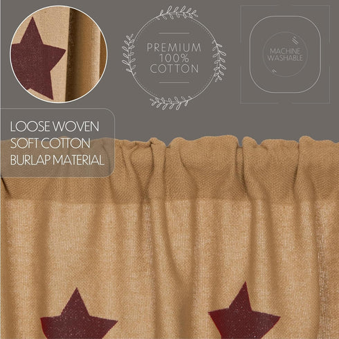Burlap Natural with Burgundy Stars Primitive 16"x72" Valance Tan Rod Pocket Stenciled Cotton Kitchen Window Curtains...