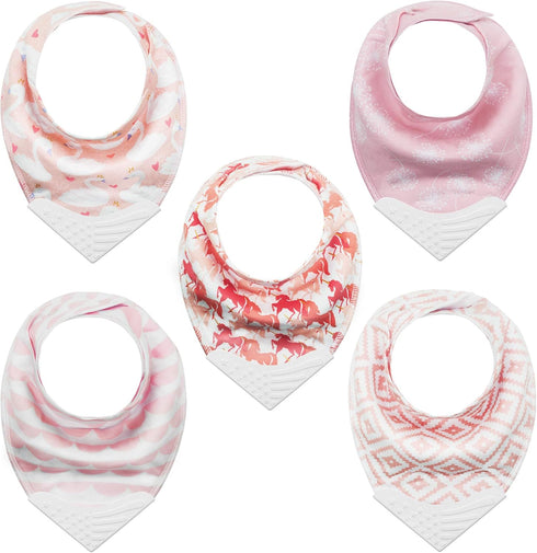 Teething Bibs Baby Bandana Bib Sets with Teething Corner(American Flag Style), BPA-Free Silicone Teether, Adjustable Snap for Girls (5 Packs)...