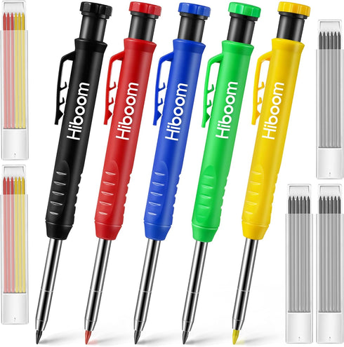 Hiboom 5 Pcs Mechanical Carpenter Pencil, 30 Pcs Refills Needle Nose Tip Hole Marker with Built in Sharpener, Scribe Making Tools for Woodworking,...