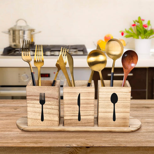 Kathfly 4 Pcs Silverware Caddy Utensil Holder for Countertop Silverware Organizer with Wood Tray Spoon Fork Holder for Kitchen Parties(Brown)...
