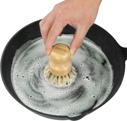 Palm Pot Dish Brush- Nature Bamboo 2 Packs Mini Durable Scrub for Kitchen Cleaning with Ceramics Holder...