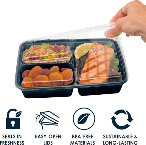 Bentgo 20-Piece Lightweight, Durable, Reusable BPA-Free 3-Compartment Containers - Microwave, Freezer, Dishwasher Safe - Navy Blue...