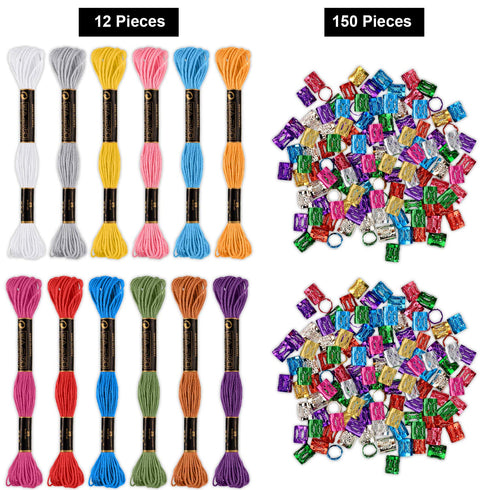 Willbond 162 Pieces Hair Accessory Set - 12 Braiding Strings and 150 Metal Cuffs in Colorful Designs, Hair Wrap String Kits for Braids, Thread Rop...