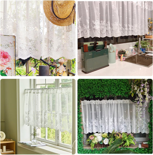Molaxhome White Lace Valances for Windows 51x16inch, Lace Floral Embroidered Semi Sheer Curtain for Kitchen Cafe Dinning Bath Room 1 Pcs (White)...