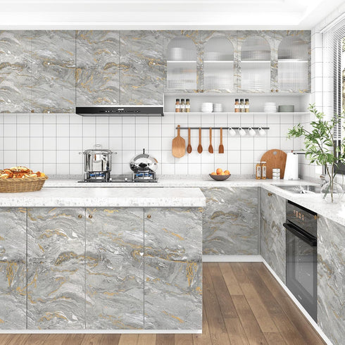Grey Gold Marble Wallpaper Peel and Stick Contact Paper Waterproof Self Adhesive for Kitchen Bathroom Countertops Gray Marble Contact Paper for Ca...