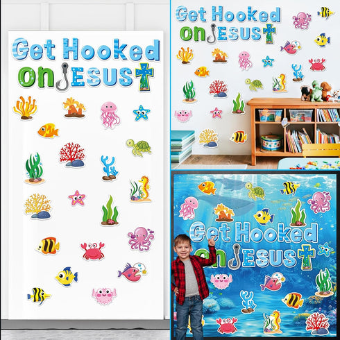 gisgfim Ocean Fish Bulletin Board Decorations with Background Paper Christian Sea Animals Cutouts Under The Sea Jesus Classroom Decor for Kids Sun...