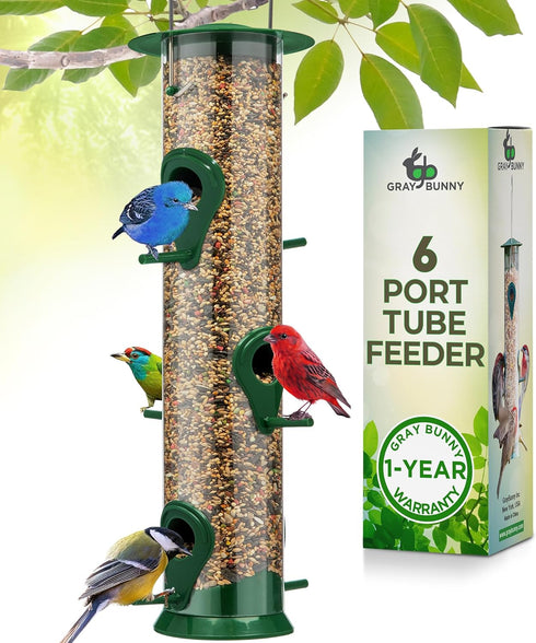 Gray Bunny 14 Inches Tube Bird Feeders for Outdoors Hanging, 6 Feeding Ports, Hard Plastic Bird Feeder Outdoor Weatherproof and 4 Inch Steel Hange...