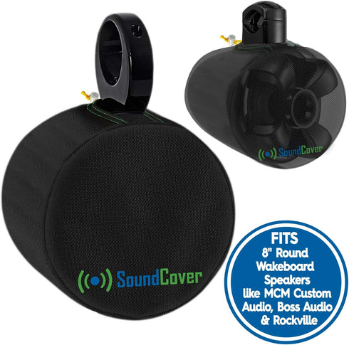 Two Large Black Heavy Duty Marine Wakeboard Tower Pod Speaker Covers for Large Round Boat Speakers - Cover Dimensions: Height 14" x Width 14" x De...