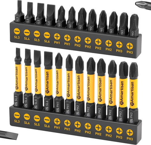 Amartisan 24-piece Screwdriver Bit Set | Magnetic Slotted Phillips driver bit set | S2 Steel, long 1" and 2.3" Head Drill Bits Set...