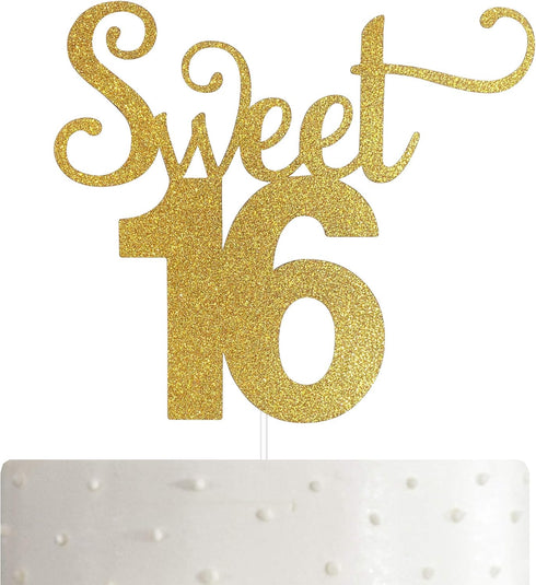 Sweet 16 Cake Topper, 16th Birthday Cake Topper, Happy Birthday Party Decoration with Gold Glitter...