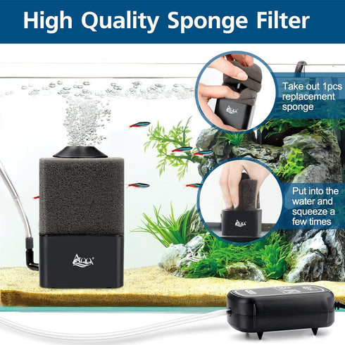 AQQA Aquarium Sponge Filter Submersible Fish Tank Filter Ultra Quiet Biochemical Sponge with 1 Spare Sponge 1 Bag of Bio Ceramic Media Balls Suita...