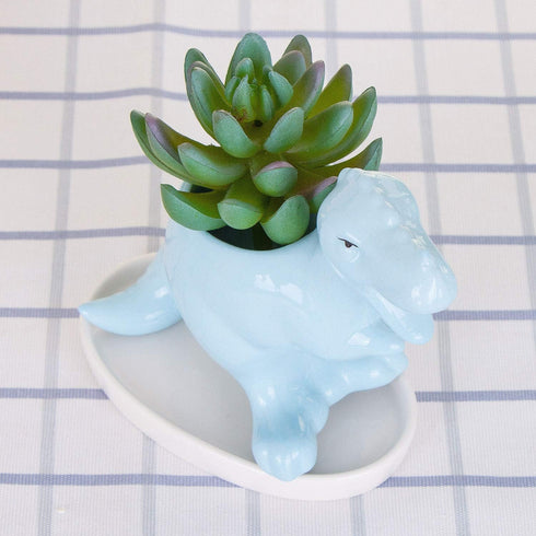 VanEnjoy Desktop Cute Cartoon Blue Tyrannosaurus Dinosaur Ceramic Succulent Pot with Tray, Bonsai Cactus Flower Pot Vase Holder Decorative Organiz...